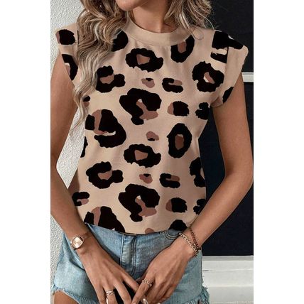 Khaki Leopard Crew Neck Cap Sleeve Casual Tee
