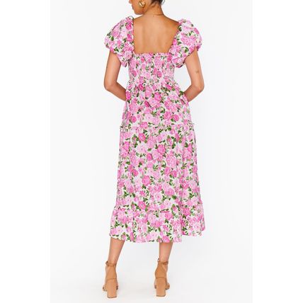 Pink Dainty Floral Smocked Puff Sleeve Flowy Long Dress
