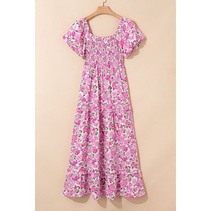 Pink Dainty Floral Smocked Puff Sleeve Flowy Long Dress