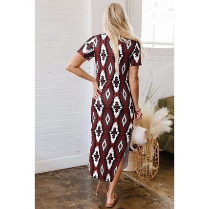 Red Western Aztec Printed Long T-shirt Dress