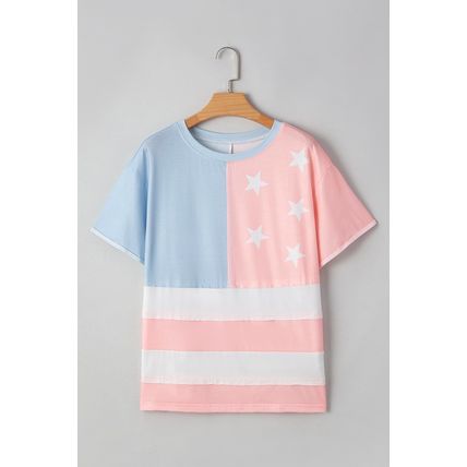 Pink Stars and Stripes Printed Crewneck Independence Day T Shirt