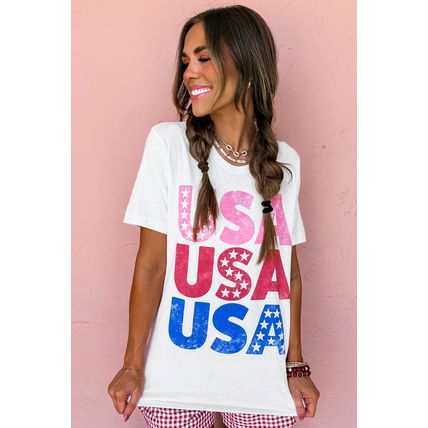 White USA Starry Letter Graphic Cotton Blend T Shirt