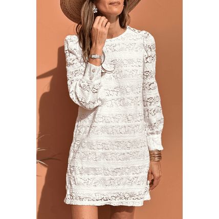 White Lace Crochet Round Neck Puff Sleeve Shift Mini Dress