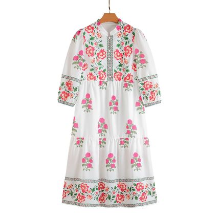 White Floral Print Half Button Mandarin Neck 3/4 Sleeve Maxi Dress