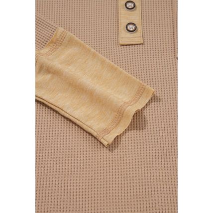 Dark Khaki Color Block Waffle Textured Tunic Henley Top with Slits