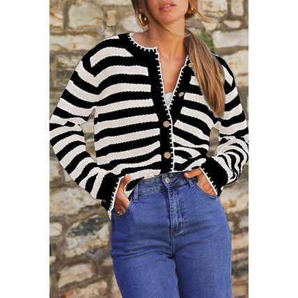 White Stripe Chic Golden Button Cardigan Sweater