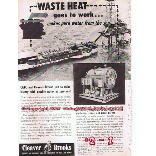 CLEAVER-BROOKS 1955 off-shore oil well drilling waste heat vintage ad