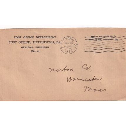 United States 1933 Post Office Dept Pottstown PA-Worcester MASS Cover written VG