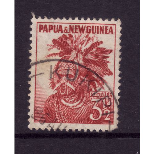 PAPUA NEW GUINEA 1952 3 1/2d CARMINE RED PAPUAN HEAD DRESS SG 6 FINE USED#2