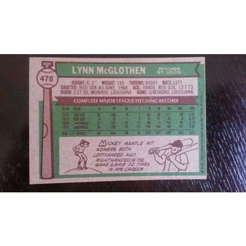 1976 Topps Card # 478 Lynn McGlothen Very Good-Excellent (4) St Louis Cardinals