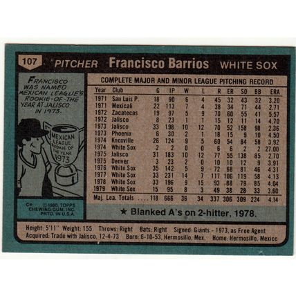 1980 Topps baseball card 107 Francisco Barrios – White Sox