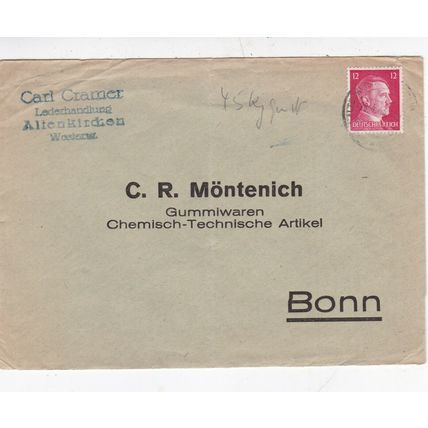 Germany 1943 Altenkirchen-Bonn Cover typed VGC