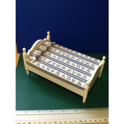White Double Bed with Blue White Striped Mattress 1:12th Dolls House Miniature