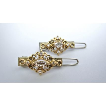 Two small tiny gold and clear crystal hair pin clip barrettes fine hair