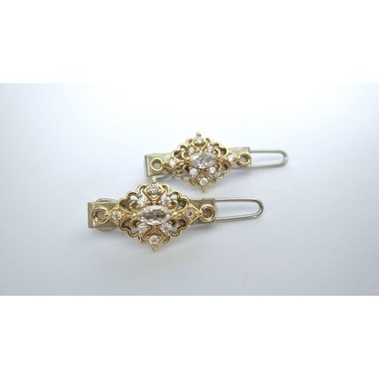 Two small tiny gold and clear crystal hair pin clip barrettes fine hair