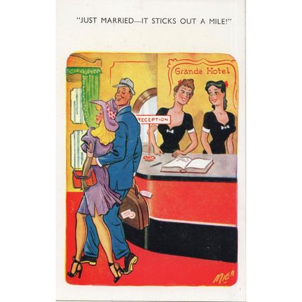 Just Married Newlyweds At Hotel Reception Old Comic Postcard