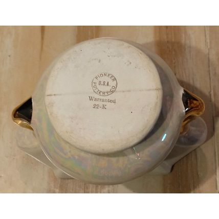 Vintage Pioneer Pottery Pearl Iridescent Vase 22k Gold Handles USA 4.5"