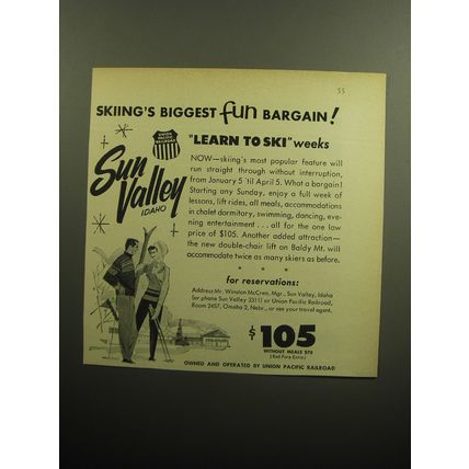 1958 Union Pacific Railroad Ad - Skiing's biggest fun bargain! Sun Valley Idaho
