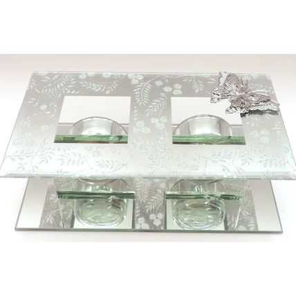 Glitter Leaves Double Tea Light/Votive Holder with Butterfly Detail Glass Gift