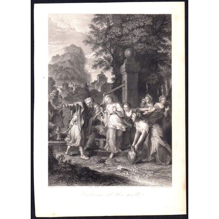 REBECCA AT THE WELL 1850s H. Robinson - Antoine Coypel ANTIQUE ENGRAVING