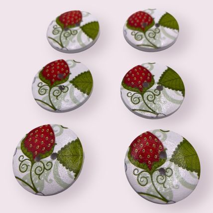 6Pcs 25mm Wooden Round Red Flower Pattern 2 Hole Sewing Crafts Knitting