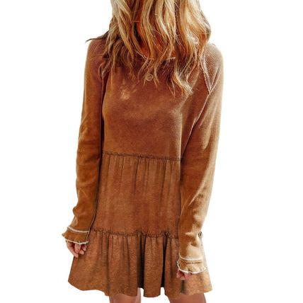 Chestnut Textured Tiered Ruffled Long Sleeve Mini Dress