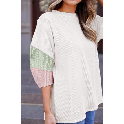 White Textured Colorblock Patchwork Half Sleeve Plus T Shirt