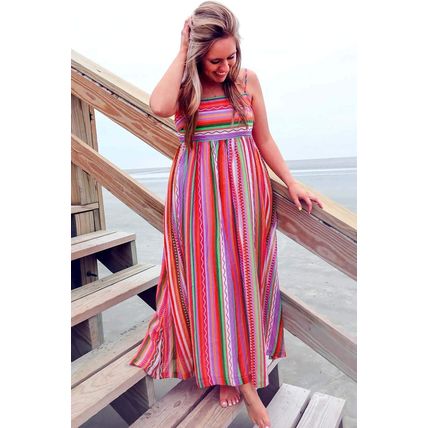 Multicolour Striped Thin Straps Smocked Back Boho Maxi Dress