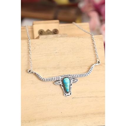 Light Blue Turquoise Steer Head Pendant Chain Necklace