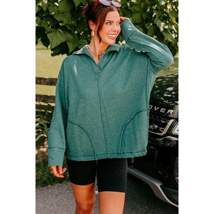 Evergreen Exposed Seam Collared Pocketed Loose Sweatshirt
