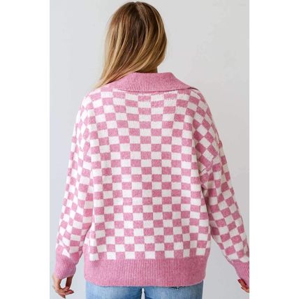 Pink Checkered Buttons Collar V Neck Drop Shoulder Sweater