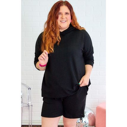 Black Textured Hoodie and Shorts Plus Size Two Piece Set