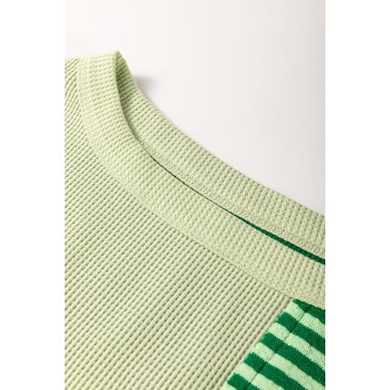 Mint Green Striped Patchwork Textured Colorblock 3/4 Sleeve Knit Top