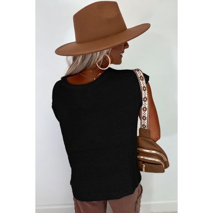 Black Solid Color Sweater Tee with Side Slits