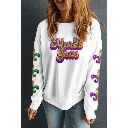Beige Sequin Mardi Gras Patched Pattern Fleur de Lis Sleeve Sweatshirt