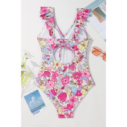 Pink Floral Ruffle Trim V Neck Lace-up Back Tummy Control One Piece Swimsuit
