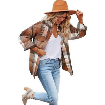 Brown Plaid Flap Pockets Shacket