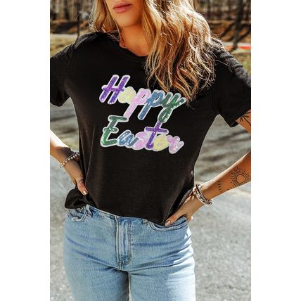 Black Sequined Happy Easter Graphic Tee