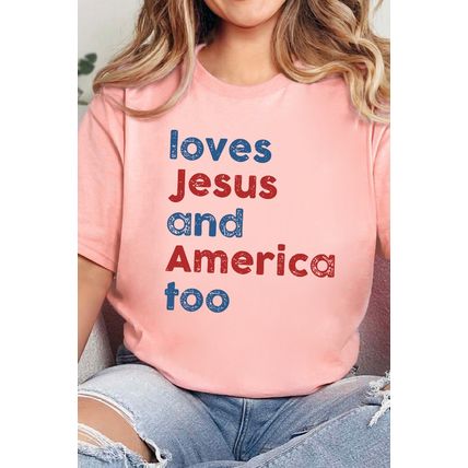 Pink loves Jesus and America too Vintage Letter Graphic Tee