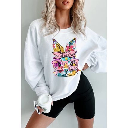White Floral Rabbit with Glasses Graphic Corded Easter Sweatshirt