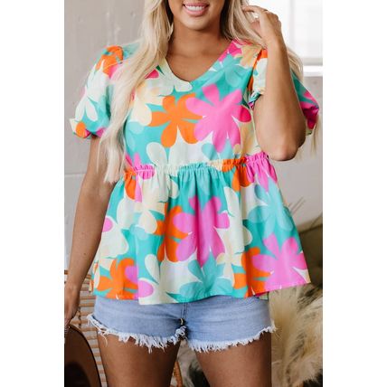 Pink Floral Print Bubble Sleeve V Neck Peplum Blouse