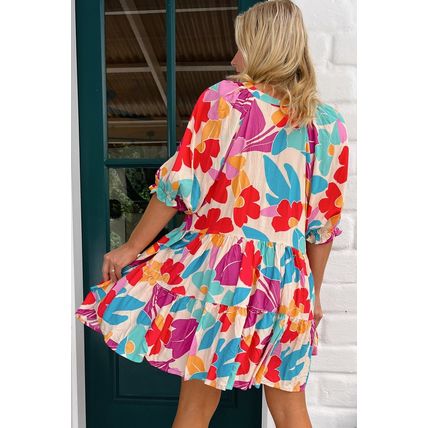Rose Red Floral Bubble Sleeve V Neck Tiered Ruffle Babydoll Dress