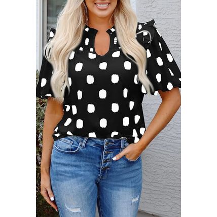 Black Polka Dot Print Shirred Yoke Notched Neck Balloon Sleeve Blouse