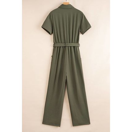 Moss Green Half Button Belted Utility Short Sleeve Jumpsuit