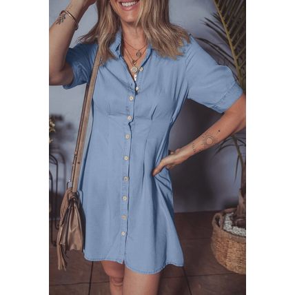 Myosotis Denim Pleated Slim Waist Short Sleeve Shirt Dress