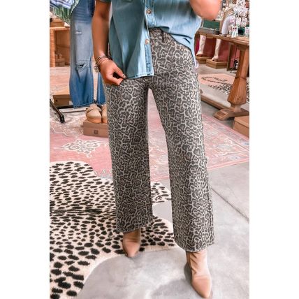 Brown Leopard Frayed Edge Wide Leg High Waist Jeans