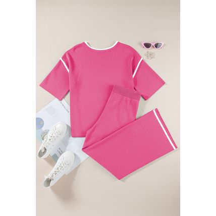Bright Pink Contrast Trim Half Sleeve Top Drawstring Pants Loose 2pcs Sweater Su