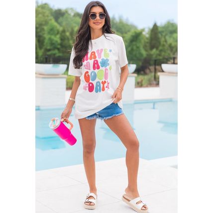 White HAVE A GOOD DAY Print Graphic Casual Tee