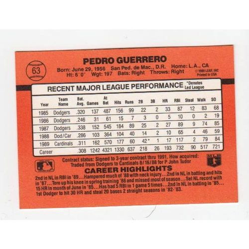 1990 Donruss Pedro Guerrero baseball card #63 – Cardinals