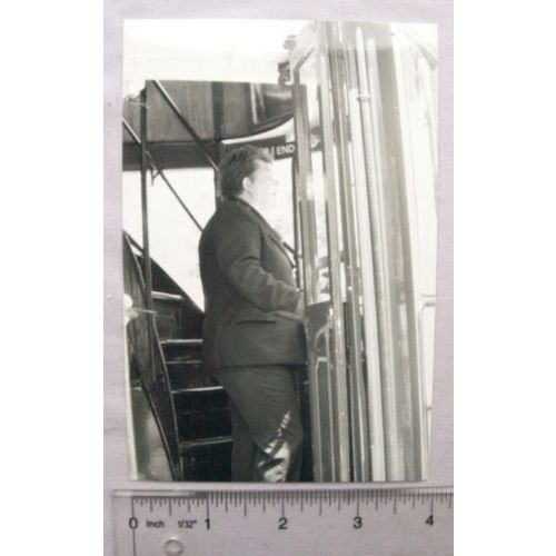 photograph Woman Driver on Leeds 180 Tram at Crich 1989